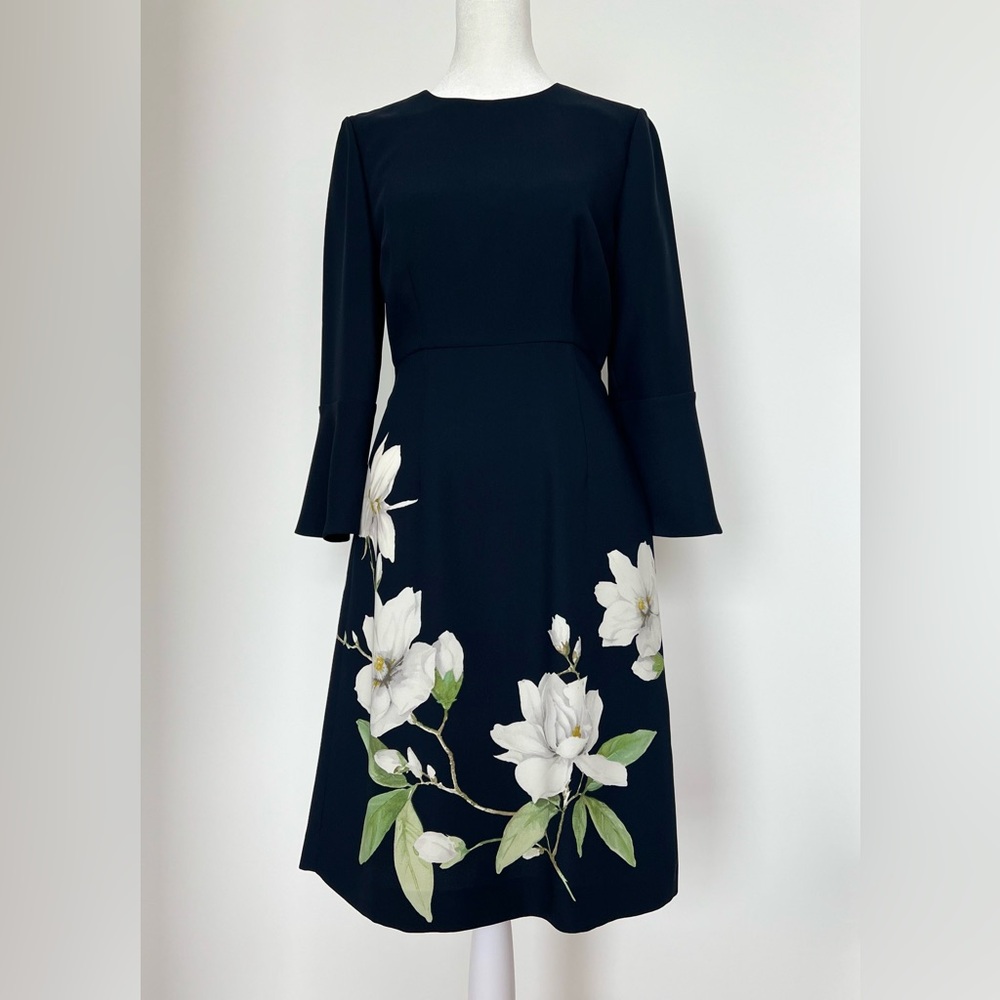 HOBBS London Navy Blue fit & flare dress with White flower print US Size 4.